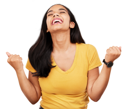 Happy woman, fist pump and celebration for winning bonus promotion isolated on a transparent PNG background. Excited female person smile for lottery prize, victory achievement or good news in success