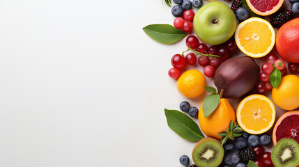 Fresh organic fruits lineup isolated on background, copy space