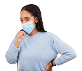 Covid, cough and mask with woman isolated on transparent png background, virus and breathing problem. Illness, pandemic and safety in healthcare, sick girl with ppe for disease, infection and flu.