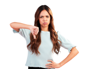 Sad, thumbs down and portrait of woman for fail, wrong and isolated on a transparent png background. Angry, dislike hand sign and face of person with emoji for negative review, feedback and bad vote