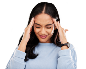 Stress, frustrated and person with headache pain isolated in a transparent or png background with anxiety or depression. Angry, migraine and tired young woman with tension, strain and fatigue