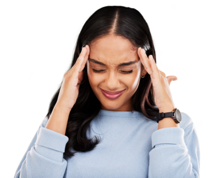 Stress, frustrated and person with headache pain isolated in a transparent or png background with anxiety or depression. Angry, migraine and tired young woman with tension, strain and fatigue