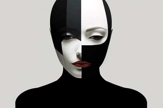 Psychology and state of mind surreal illustration. Faceless bald sad woman with painted black and white face and red lips