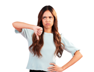 Sad, thumbs down and woman fail, wrong and isolated on a transparent png background. Anger, dislike hand sign and disappointed person with emoji for negative review, feedback or vote of complaint.