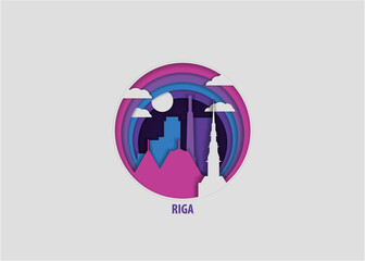 Fototapeta na wymiar Latvia Riga creative paper cut layer craft vector illustration. Origami style Baltic city skyline travel art in depth illusion