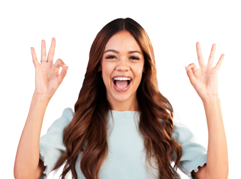 Okay, smile and sign with portrait of woman on png for like, support and motivation. Yes, emoji and agreement with face of person isolated on transparent background for wow, excited and opinion