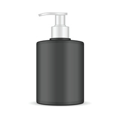 Blank Black Plastic Cosmetic Bottle with Pump on White Background. Vector