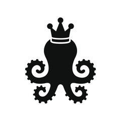 Octopus with Crown Logo. Icon on White Background, Vector