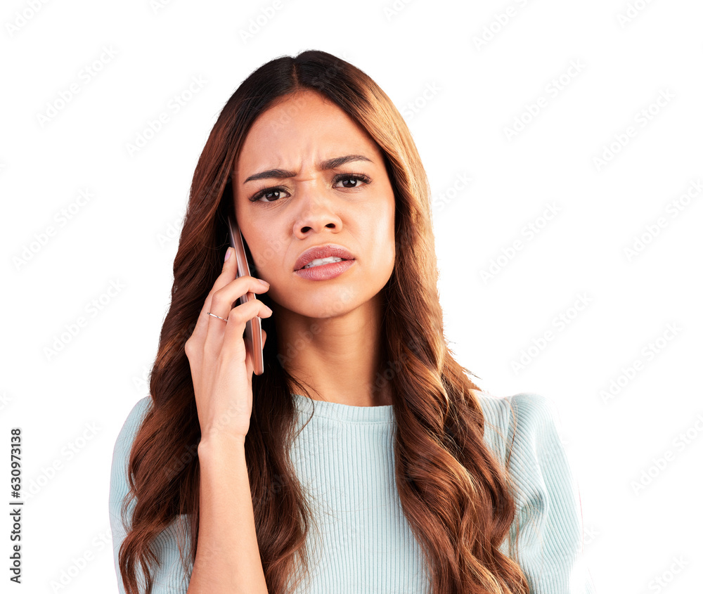 Poster phone call, confused and annoyed with portrait of woman on png for news, doubt and problem. frustrat