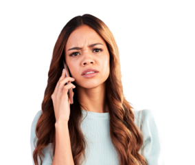 Phone call, confused and annoyed with portrait of woman on png for news, doubt and problem. Frustrated, conflict and disappointed with person isolated on transparent background for communication