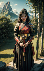 Portrait of a fantasy female warrior and wearing armor, equipped with a sword. 