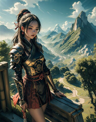 Obraz premium Portrait of a fantasy female warrior and wearing armor, equipped with a sword. 