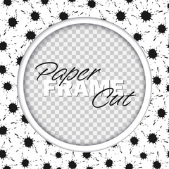 Vector paper cut frame. Round template with copy space. Abstract black ink spots on white background.