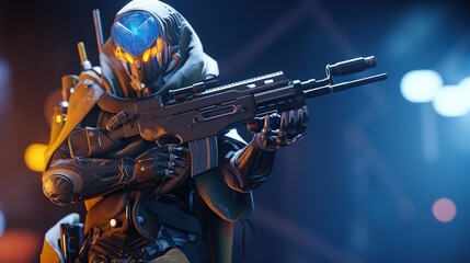 Sci-fi gaming character in futuristic suit aiming weapon,shooting gun,illustration, game