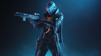 Fototapeta na wymiar Sci-fi gaming character in futuristic suit aiming weapon,shooting gun,illustration, game
