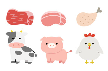 牛豚鶏の食肉シンプルかわいいイラスト