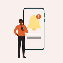 One Young Black Man With Mobile Phone Receiving A Notifications With Bell Alert Icon Showing On Device Screen. Full Length. Flat Design Style, Character, Cartoon.