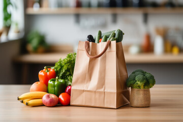 Grocery shopping app and grocery bag full of goods: online grocery shopping and home delivery concept.Generative ai