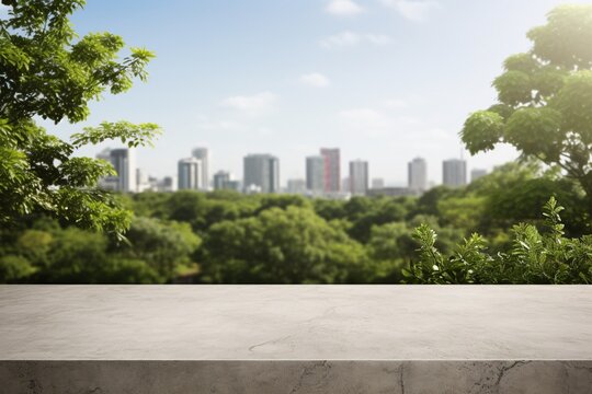 clean concrete surface, parallel to the observer, against a blurred background of a busy city park. for product presentation