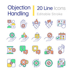 Objection handling RGB color icons set. Negotiation strategy. Sales technique. Selling process. Isolated vector illustrations. Simple filled line drawings collection. Editable stroke
