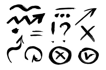 Grunge vector arrows. Set of different grunge brush arrows, pointers. Hand drawn paint strokes. Vector illustration.