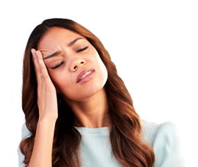 Tired, stress or woman with headache, anxiety or burnout isolated on transparent png background. Exhausted, sad person or face of sick model frustrated with head pain or depression or migraine crisis