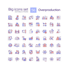 2D editable big line icons set representing overproduction, isolated vector, multicolor linear illustration.