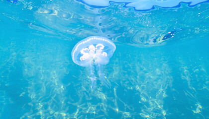 綺麗な海の中に漂う白いクラゲ、青い景色