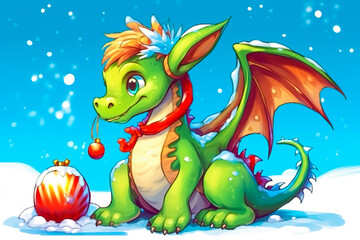 Naklejka premium Illustration of a cheerful dragon in a New Year's red cap with a gift. 