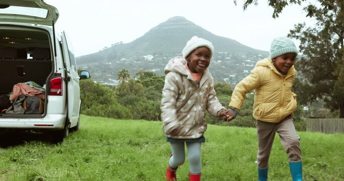 Camping, play or children running in park outdoors to explore adventure in nature together on holiday. Holding hands, caravan or happy African kids siblings with freedom, energy to exercise in race