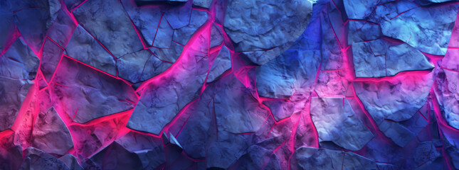 Abstract gradient background for interior decoration. Explosion power design, crushing blue stone surface with neon purple light. Generative AI.