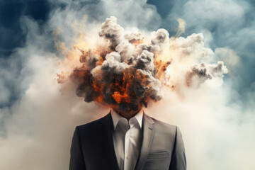 A businessman's head explodes from brain overload, chaos and brainstorming. Generative AI. - obrazy, fototapety, plakaty