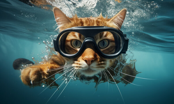 A cat with diving goggles dives in the water. Surreal fun concept of nature, animals and summer. Generative AI.