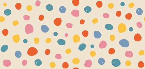 Abstract spots hand drawn Y2K naive seamless pattern. Vector organic colorful doodle spots background in 70s groovy style