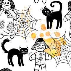 Seamless pattern with Halloween voodoo dolls and black cats. Hand drawn sketch style. Line art. Vector illustration on white.