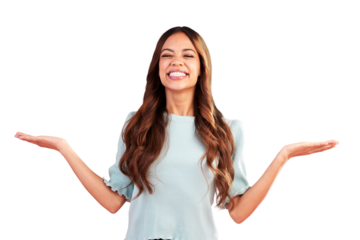 Comparison, choice of woman and happy with decision isolated on a transparent png background. Palm space, balance and person smile in marketing presentation, promotion or advertising product mockup
