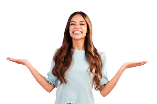 Comparison, choice of woman and happy with decision isolated on a transparent png background. Palm space, balance and person smile in marketing presentation, promotion or advertising product mockup