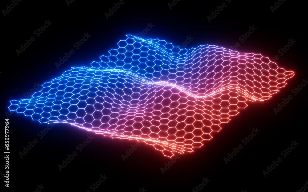 Poster glowing hexagonal grid neon background, 3d rendering.