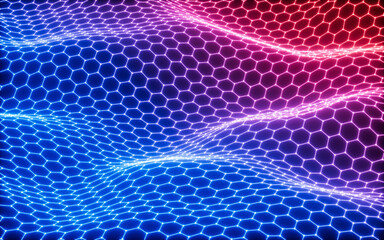 Glowing hexagonal grid neon background, 3d rendering.
