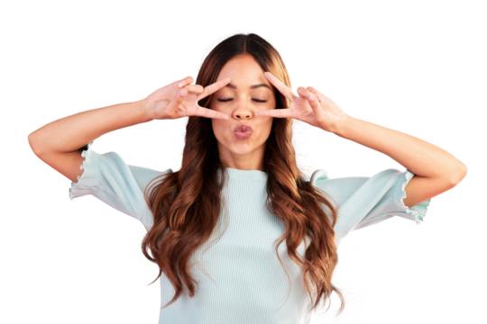 Peace hands, kiss and face of woman isolated on a transparent png background for funny emoji. Happy gen z female model show v sign with confidence, icon and symbol for pride, good mood and freedom