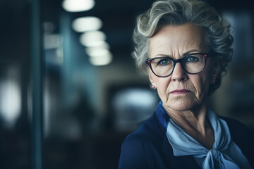 Portrait confident strict senior woman boss wearing glasses and short gray hair, serious displeased middle aged caucasian business woman indoors looking away