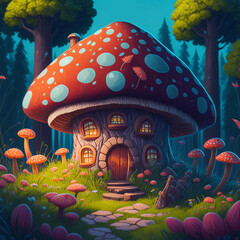 A mushroom hut in a fairy-tale mystical forest on a lawn among flowers