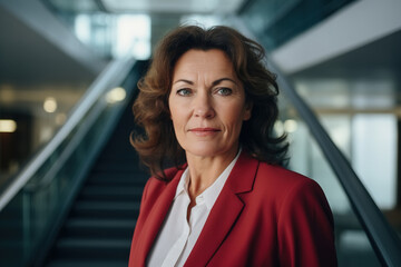 Portrait of an adult caucasian woman in a red suit indoors. Office worker, middle aged business woman, career