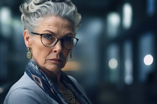 Portrait of confident strict elegant senior woman wearing glasses and short gray haircut looking at camera indoors. Serious woman boss, director or manager