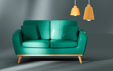 Green sofa and light, 3d rendering.