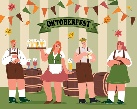 Celebration the Oktoberfest Beer Festival. Fest Concept Flat Vector Illustration. Traditional German clothes. Male and Female Characters Wear Bavarian Costume and Dress Dance Celebrate Beer Festival.