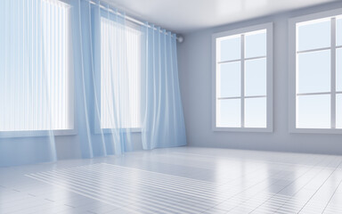 White interior building with windows, 3d rendering.