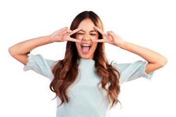 Peace sign, winning and happy woman in celebration isolated in transparent or png background. Hand gesture, congratulations and crazy young female person with v symbol for comic expression or emoji