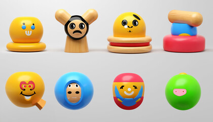 Obraz premium Set of 3d cute wooden toy 