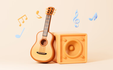 Cartoon guitar and loudspeaker in the yellow background, 3d rendering. © 婷婷 季